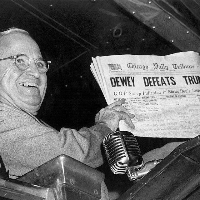 President Truman holding an early edition of the November 3, 1948 Chicago Daily Tribune showing the famous erroneous presidential election headline. Photo: Byron H. Rollins